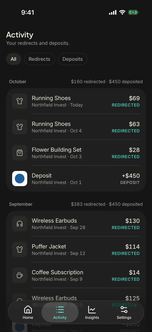 tarpp's Activity screen in dark mode with example redirects and deposits.