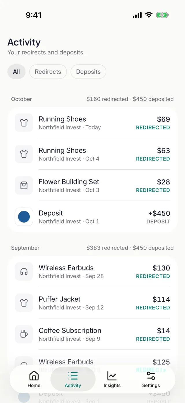tarpp's Activity screen with example data: redirects and deposits grouped by month.