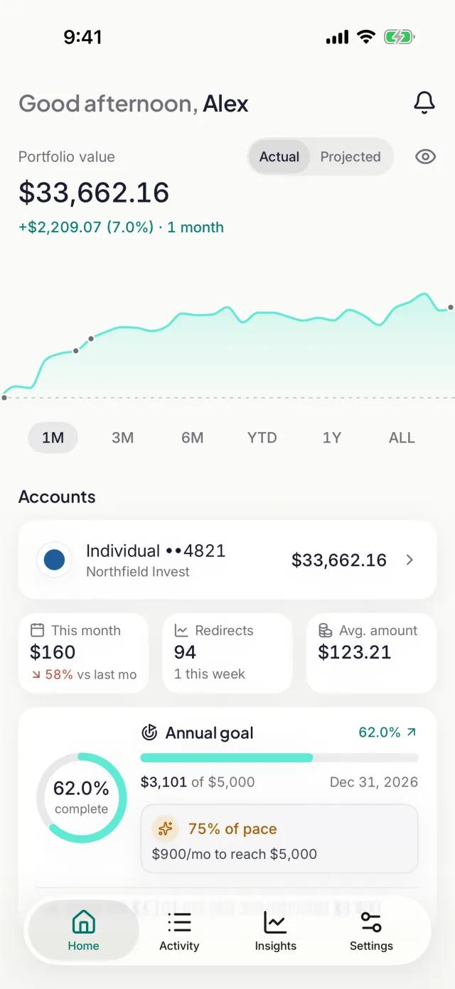 tarpp's Home screen with example data: a portfolio value with its chart, a linked account, this month's redirects and progress toward a $5,000 annual goal.