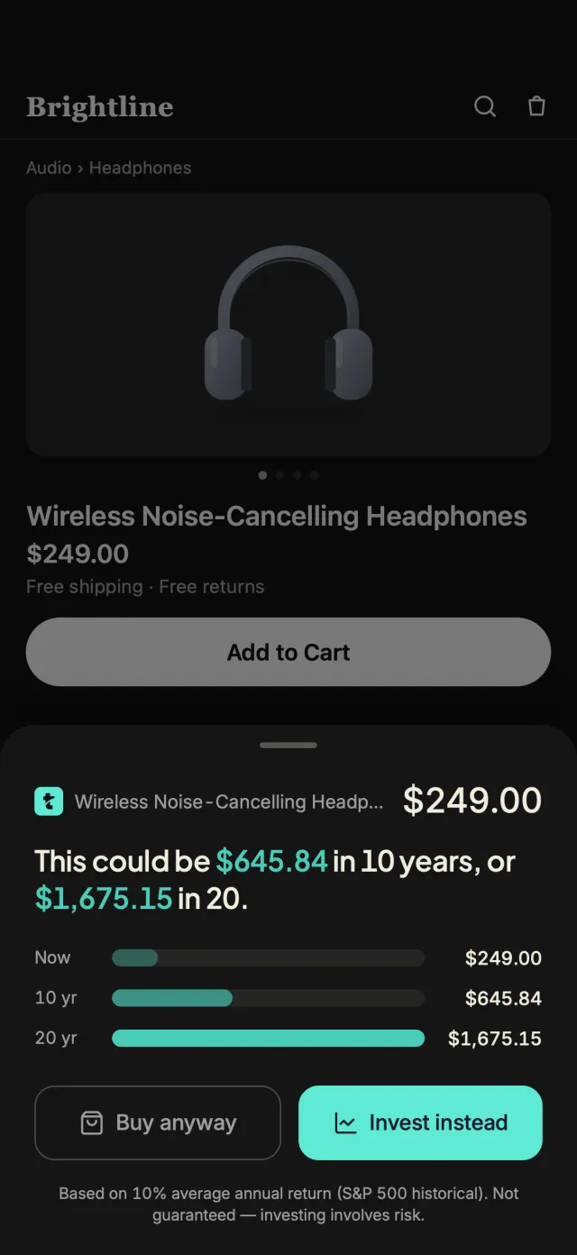 tarpp's sheet in Safari in dark mode, over a made-up store's product page: what $249.00 could grow to in 10 and 20 years, with Buy anyway and Invest instead.